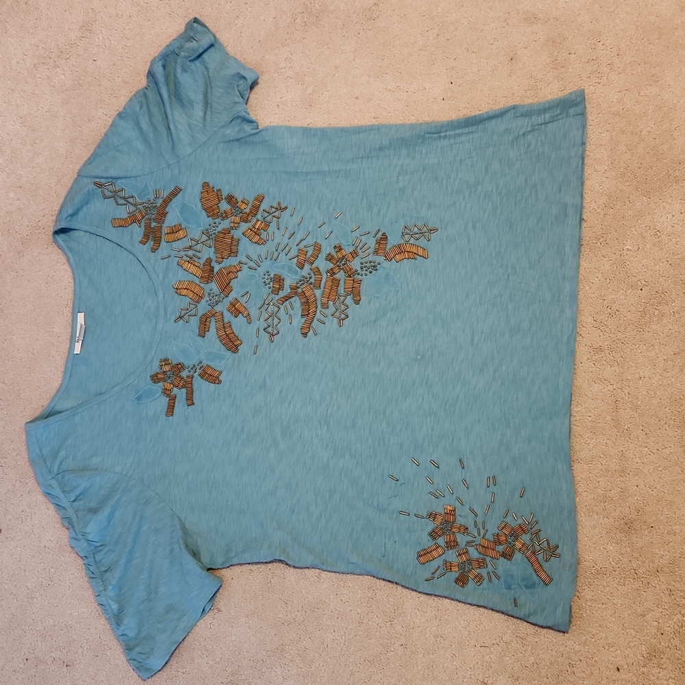 Style & Co Woman Gold Beaded Ruched Short Sleeve Round Neck Aqua Tee 2X W-550